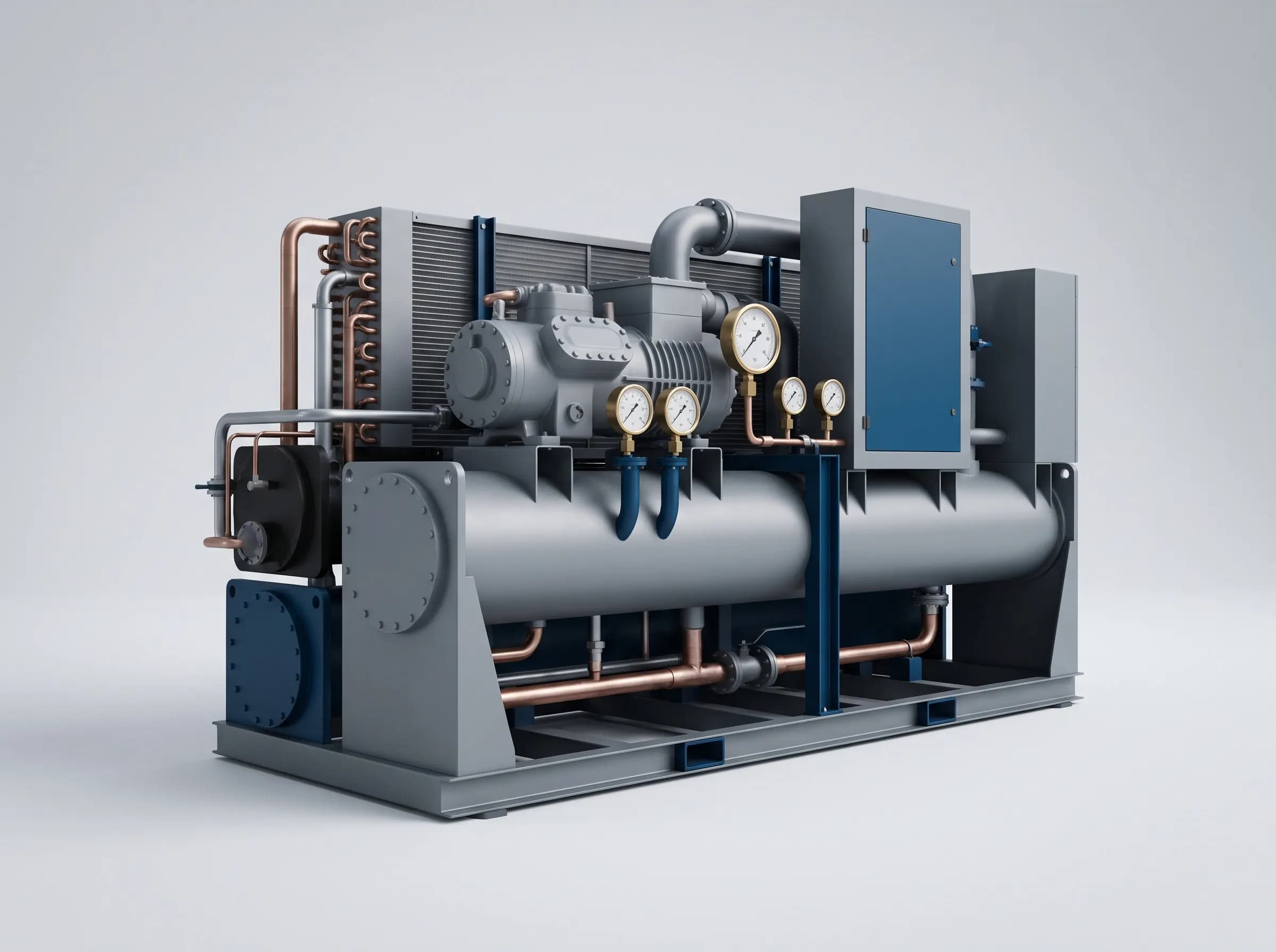 Water-cooled chiller with compressor, gauges and copper pipework on a steel skid